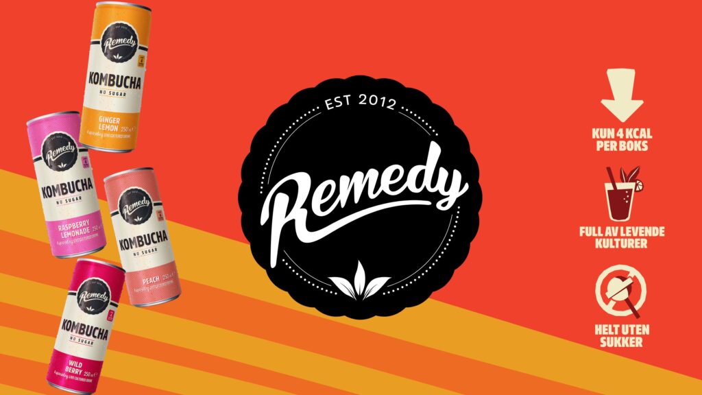 Remedy kombucha logo og bokser